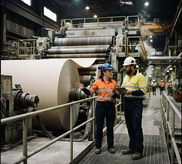Representative illustration: Two mills, newsprint and kraft pulp, faced falling prices and demand, with paper machine efficiency at 85% and little faith in budget.