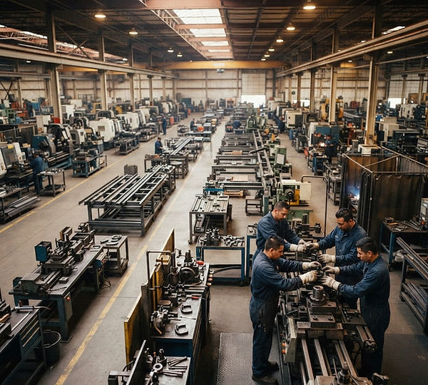 Operations professionals inspecting and adjusting factory machinery