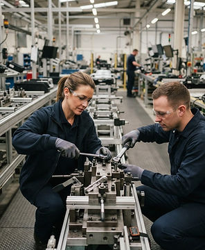 Production supervisor and technician aligning an assembly fixture with hand tools