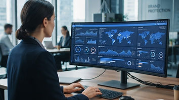 Profissional analisando dados de monitoramento de marca em um painel digital de inteligência