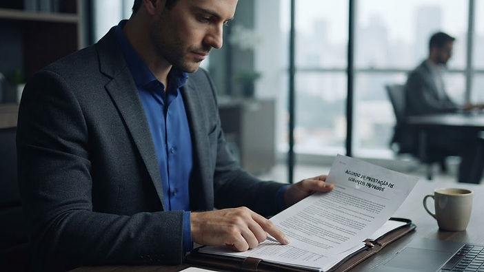Investigador particular analisando documentos de contratos privados em escritório