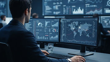 Profissional analisando dados de monitoramento de marca em painel digital