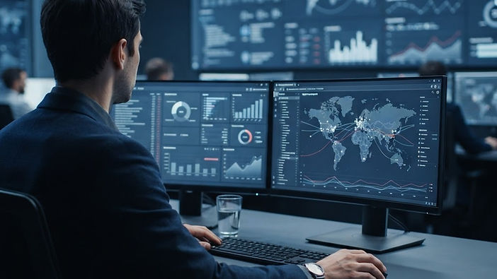 Profissional analisando dados de monitoramento de marca em painel digital