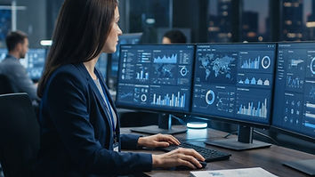Profissional analisando dados de monitoramento de marcas em um ambiente de inteligência corporativa.