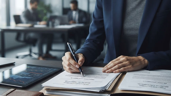 Investigador analisando documentos e dados de licitações públicas em um escritório profissional