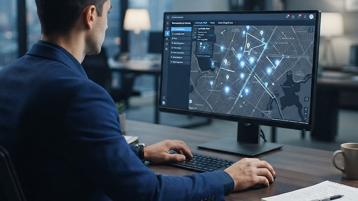 Profissional de investigação analisando dados de geolocalização em um mapa digital