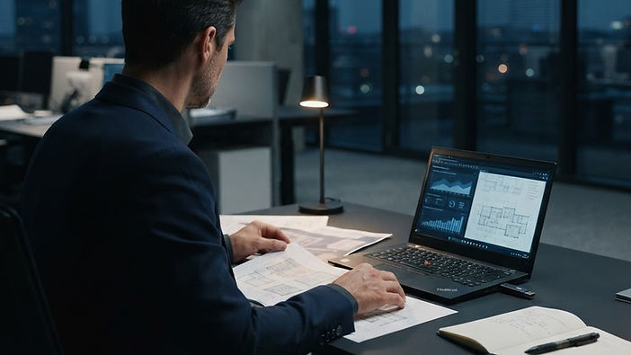 Profissional de segurança corporativa analisando dados em um ambiente de escritório moderno para prevenir espionagem industrial.
