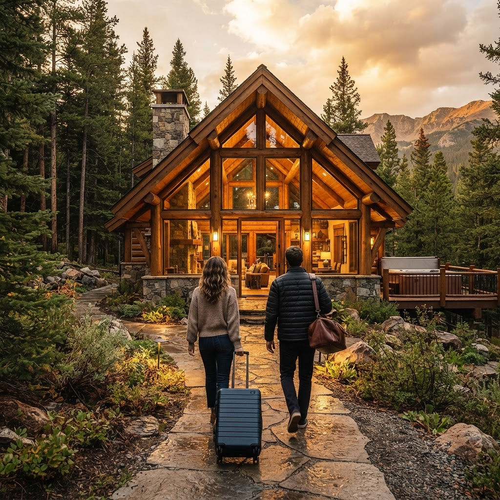 A luxurious mountain rental cabin at golden hour