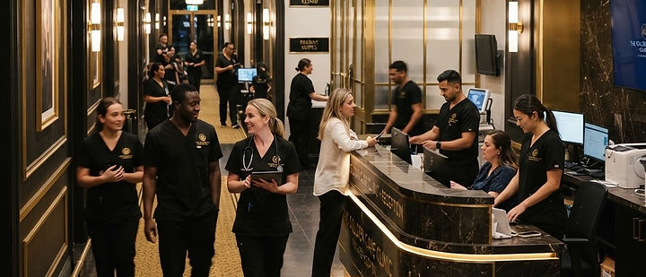 Busy private hospital interior with gold and black accents, staff in black scrubs