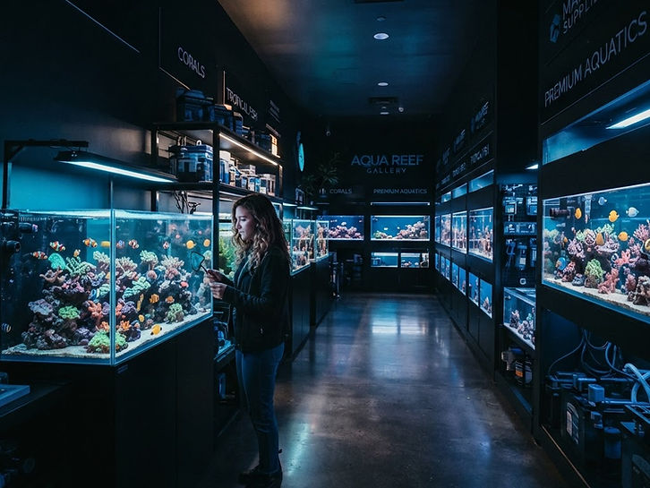 Modern aquarium store with rows of glowing fish tanks