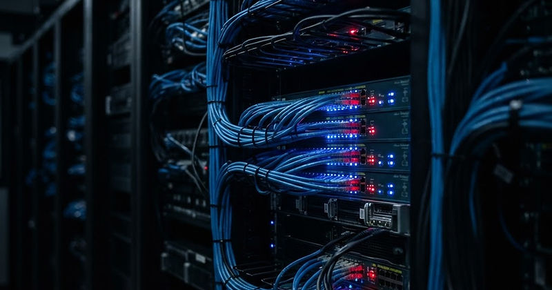 Server rack cabling in a dark data centre with glowing status lights