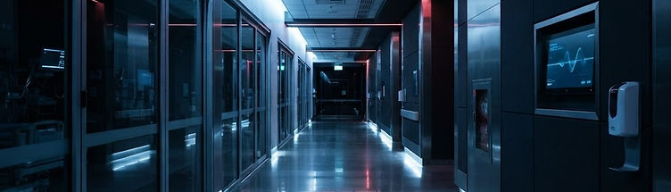 Modern private hospital corridor with glass, steel and integrated technology