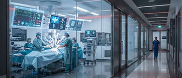 Modern private hospital corridor with glass, steel and integrated technology