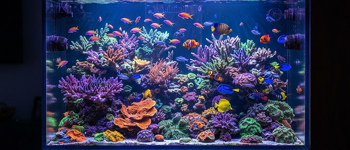 Vibrant coral reef aquarium with tropical fish