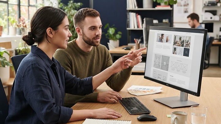 Designers collaborating on a business website in a bright creative studio