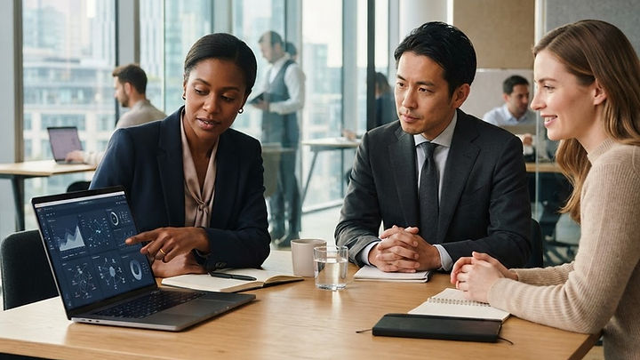 Business team reviewing AI tools and data on a laptop in a modern office