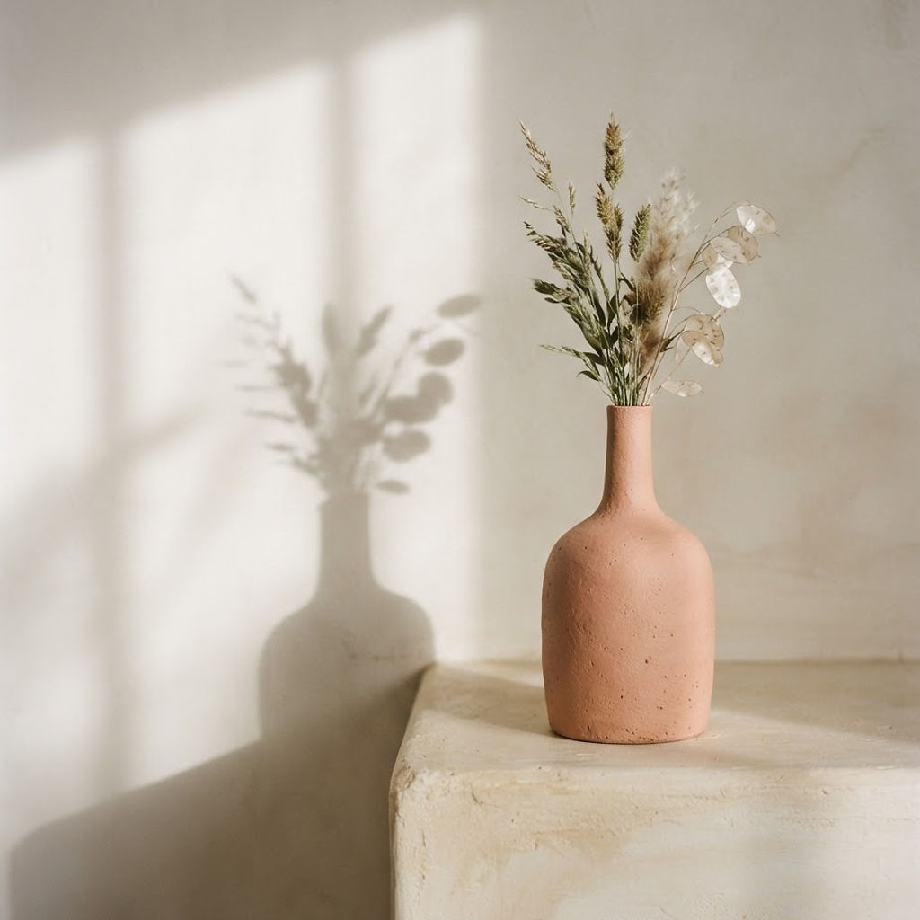 Editorial still life — ceramic vase on a cream ledge