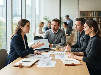 Consultants and a client reviewing performance charts together around a table during a service review meeting