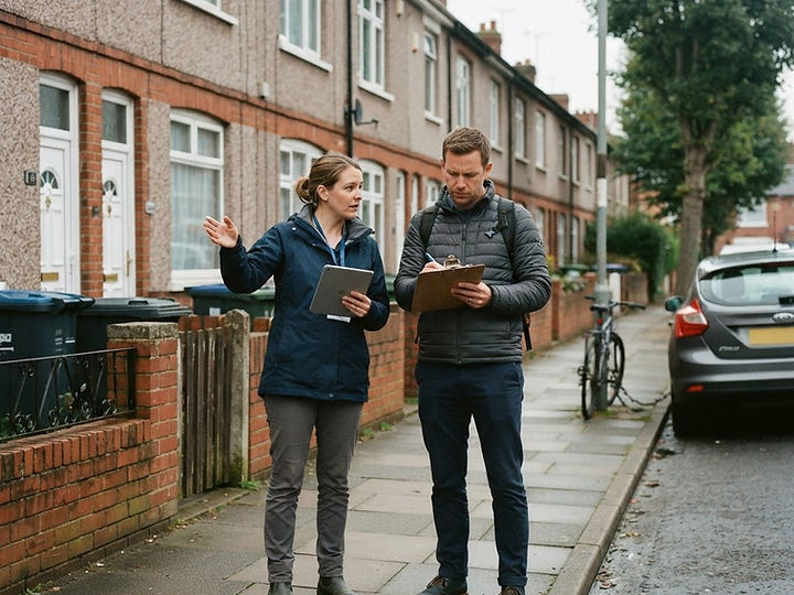Housing professionals reviewing homes together on a street of terraced social housing