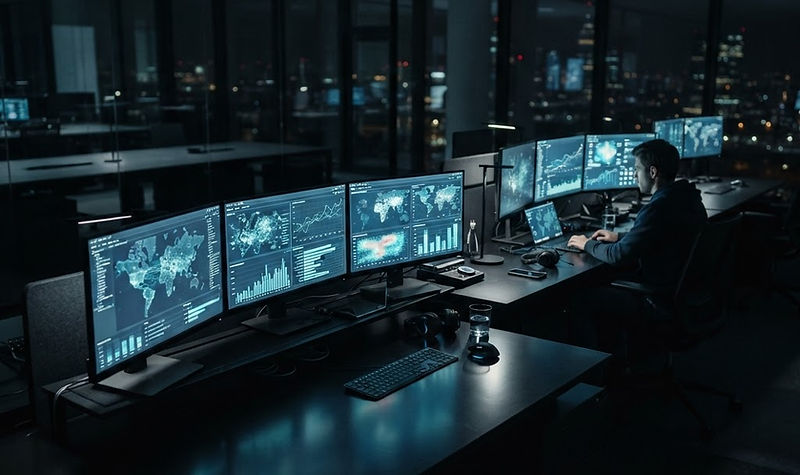 Modern technology workspace with screens showing data dashboards and analytics, representing the software Housing Software Limited builds