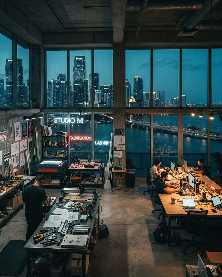 Cool modern Miami design studio office interior at dusk