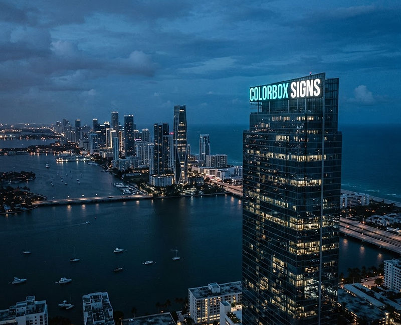 COLORBOX SIGNS illuminated sign atop a Miami skyscraper at blue hour