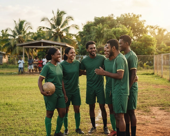 Illustrative community football team gathered on a local training ground