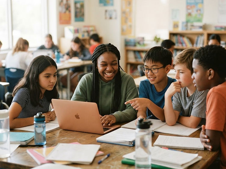 Students collaborating around a laptop in a classroom
