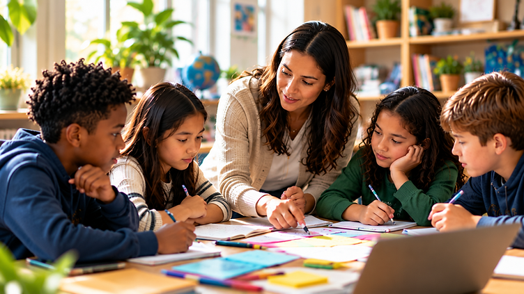 Educator guiding middle school students through collaborative learning and reflection.
