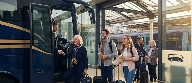 Happy customers boarding an executive Coach Quotes coach