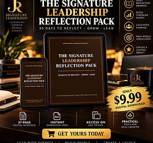 The Signature Leadership Reflection Pack — 30 Days to Reflect, Grow, Lead — shown on tablet and phone, $9.99 digital download