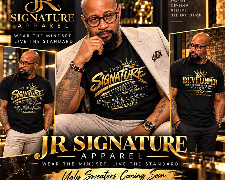 JR Signature Apparel collage — John Rogers wearing The Signature tee, flanked by Signature and Developed tee designs with Lead · Build · Inspire branding
