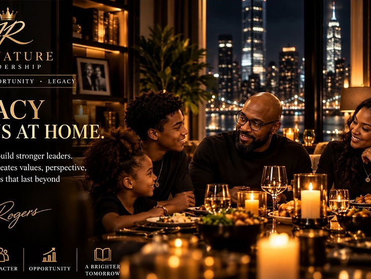 Family gathered around a candlelit dinner table at night with a glowing city skyline behind — legacy begins at home