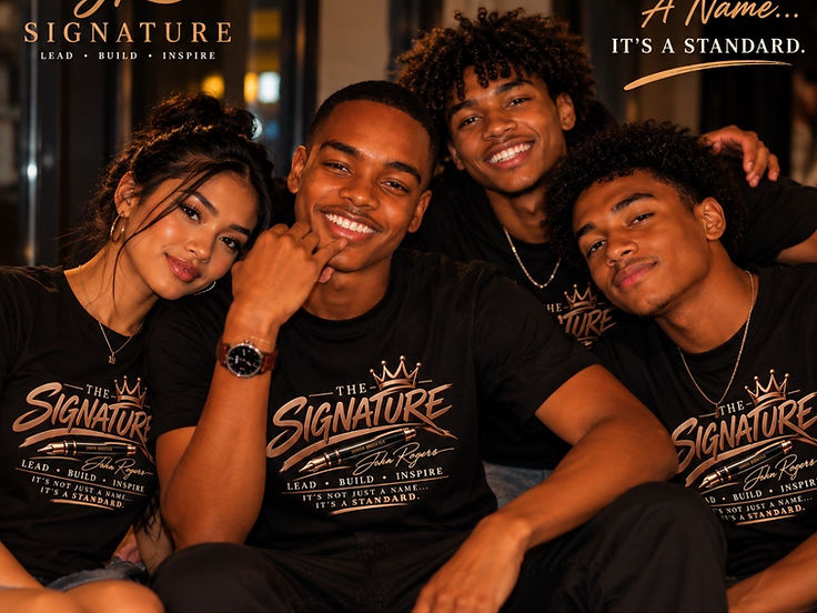 Young people wearing The Signature tees together at night — it's not just a name, it's a standard