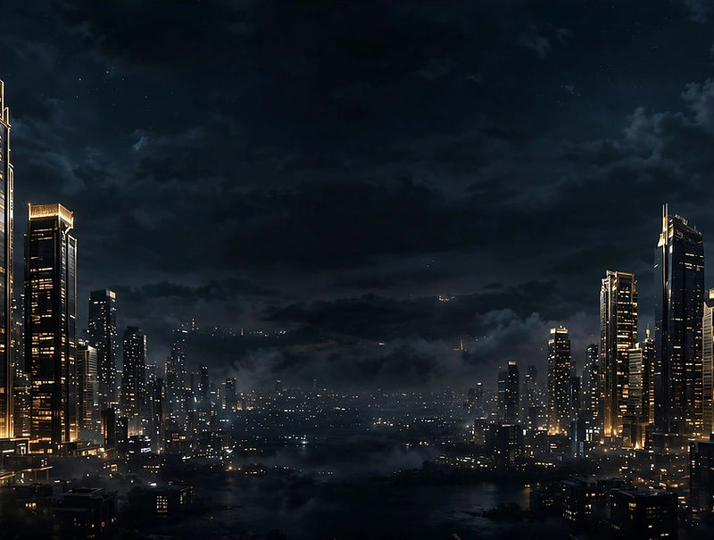 Cinematic black-and-gold nighttime metropolitan skyline with glowing towers under a deep obsidian sky