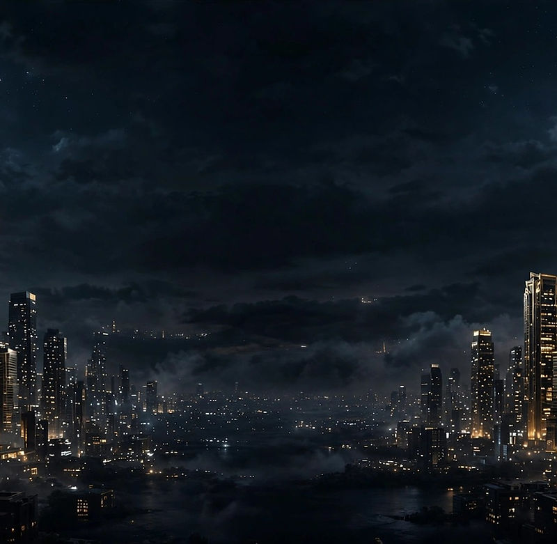 Cinematic black-and-gold nighttime skyline — the finale backdrop for the JR Signature movement