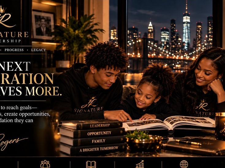A family reading together in a warm lamplit room overlooking the city at night — the next generation deserves more