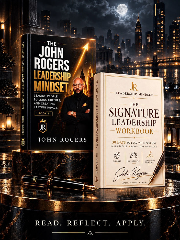 The John Rogers Leadership Mindset book and The Signature Leadership Workbook displayed on a gold-trimmed marble pedestal under a moonlit city skyline