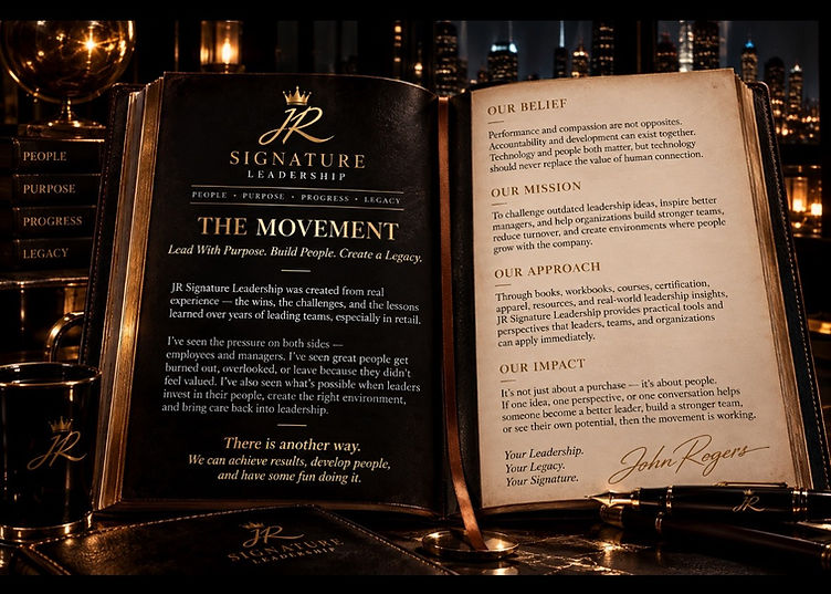 The Movement spread in an open leather book — our belief, mission, approach, and impact, signed by John Rogers