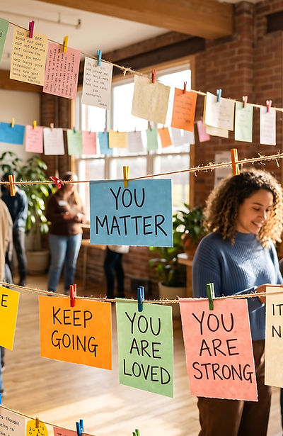 Handwritten notes of encouragement clipped to twine in a sunlit community space
