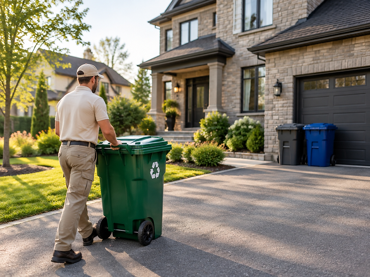 Technicien BacValet déplaçant proprement un bac de recyclage vers une maison à Mercier