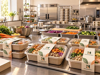 NourishNet production line with wrapped meal trays and prepared ingredients on stainless steel prep tables