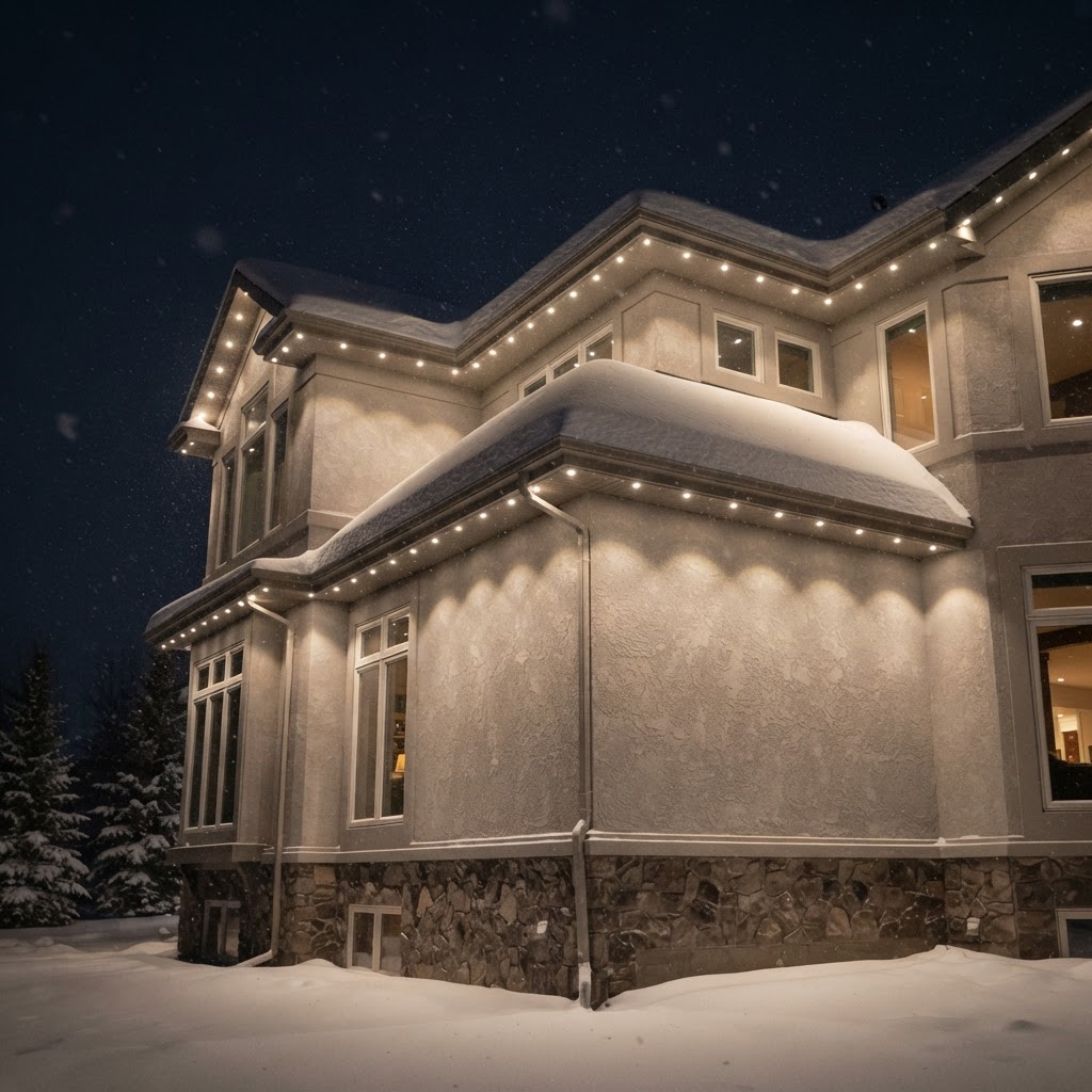 Snow-covered Alberta-style home with permanent architectural lighting