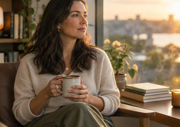 A person sitting calmly by a window in natural light