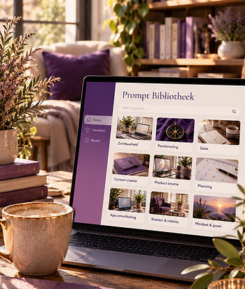 De Prompt Bibliotheek op een laptop in een gezellige werkhoeck