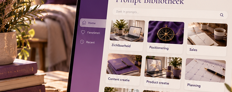 De Prompt Bibliotheek op een laptop in een gezellige werkhoeek.