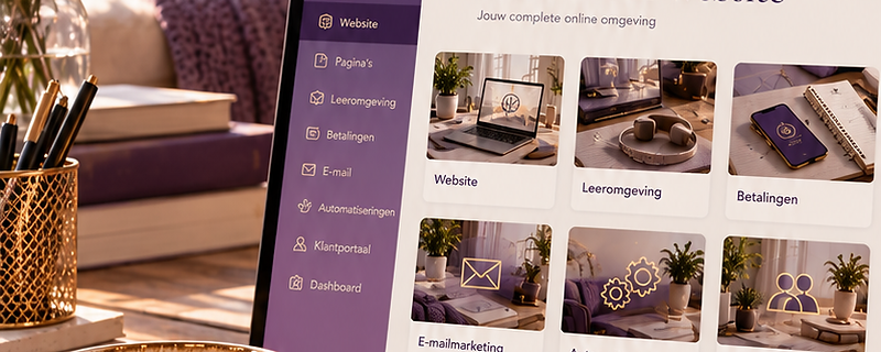 Het Alles in één Website dashboard op een laptop: je website, leeromgeving, betalingen, e-mail en automatiseringen in één omgeving.