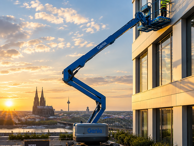 Gelenkteleskopbühne im Einsatz vor einem modernen Gebäude