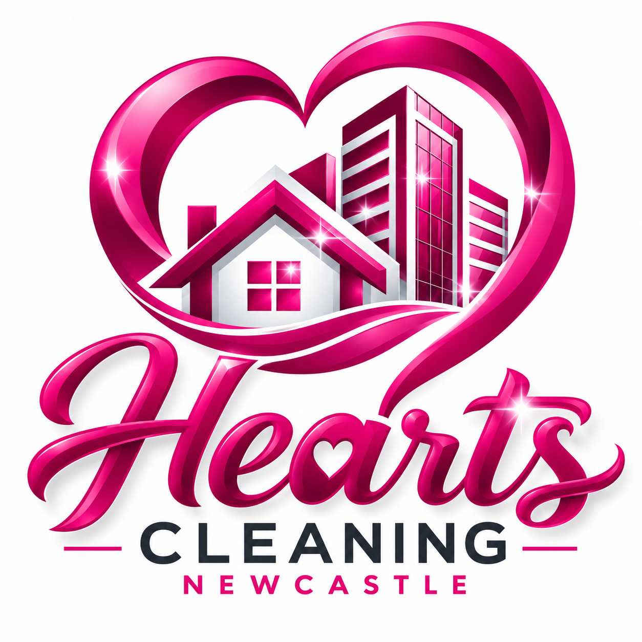 Hearts Cleaning Newcastle logo — a magenta heart containing a house and building, representing care for homes and businesses