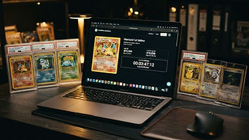 A laptop showing an online Pokémon card auction with a bid countdown, next to graded slabs and raw cards in toploaders